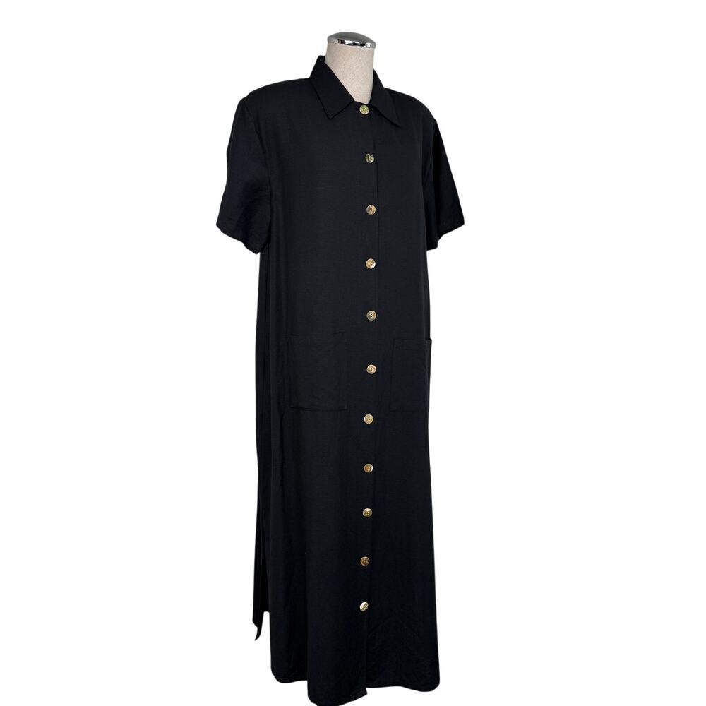 Vintage 90s Moka Ramie Rayon Button Front Maxi Shirt Dress Black Relaxed Large